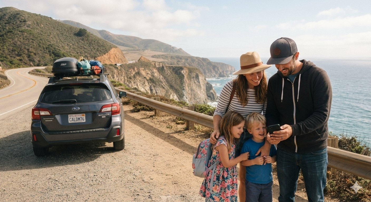 Família usando celular para se orientar durante viagem